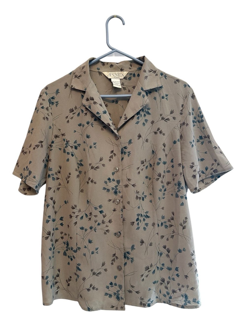 Vintage 90’s Casual Corner Taupe Button-Down Shirt with Teal Floral Print 14W